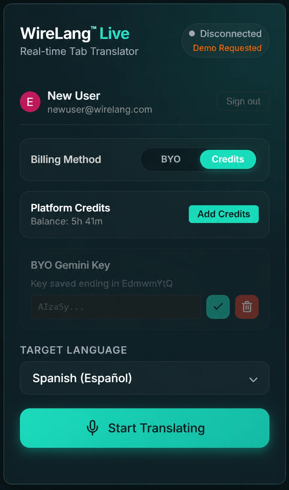 WireLang Live desktop app translating system audio in real time, showing the floating control panel and the main window